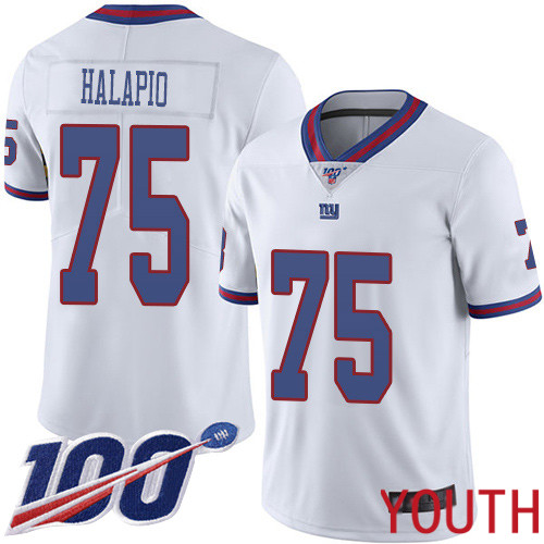 Youth New York Giants 75 Jon Halapio Limited White Rush Vapor Untouchable 100th Season Football NFL Jersey